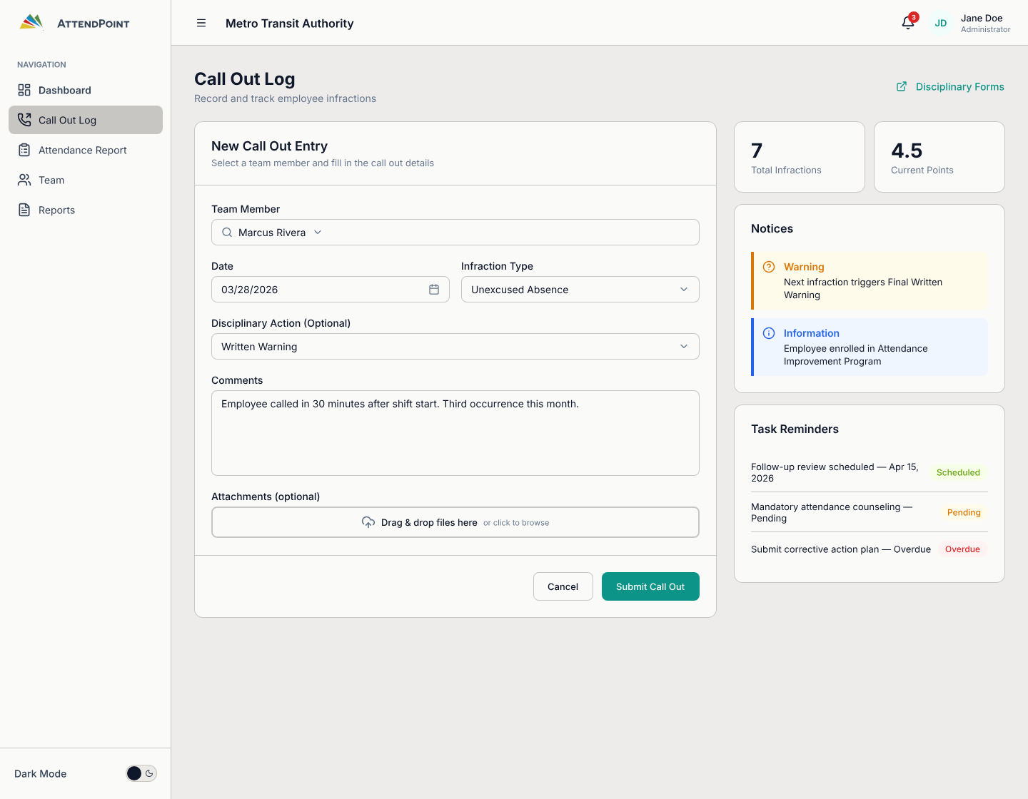AttendPoint light dashboard